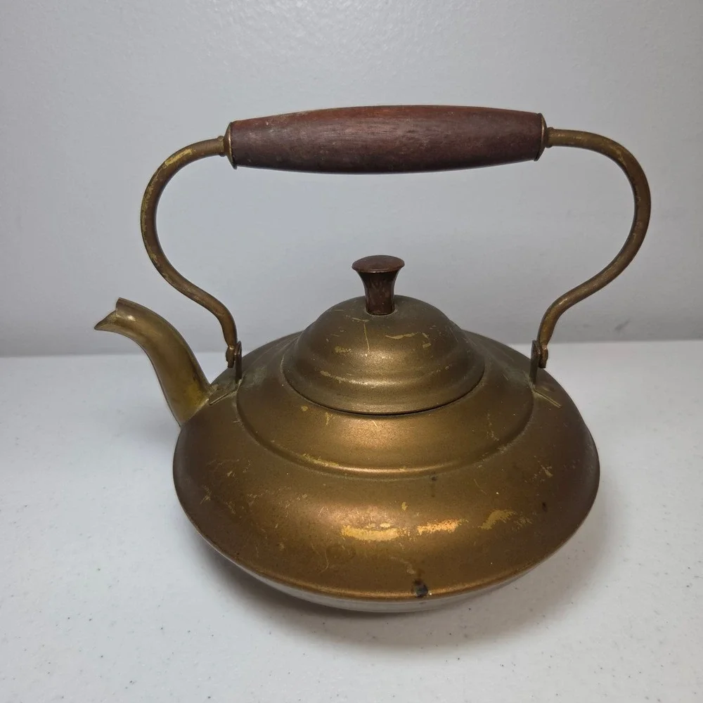 Vintage Revere Ware Copper Tea‎ Kettle Brass Handle Wood Grip 6 Cup 8X6